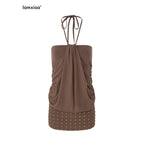 iamxiaa Stud Lace Up Halter Cinched Waist Bustier Bodycon Women's Slip Mini Dresses 936484817669