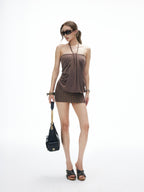 iamxiaa Stud Lace Up Halter Cinched Waist Bustier Bodycon Women's Slip Mini Dresses