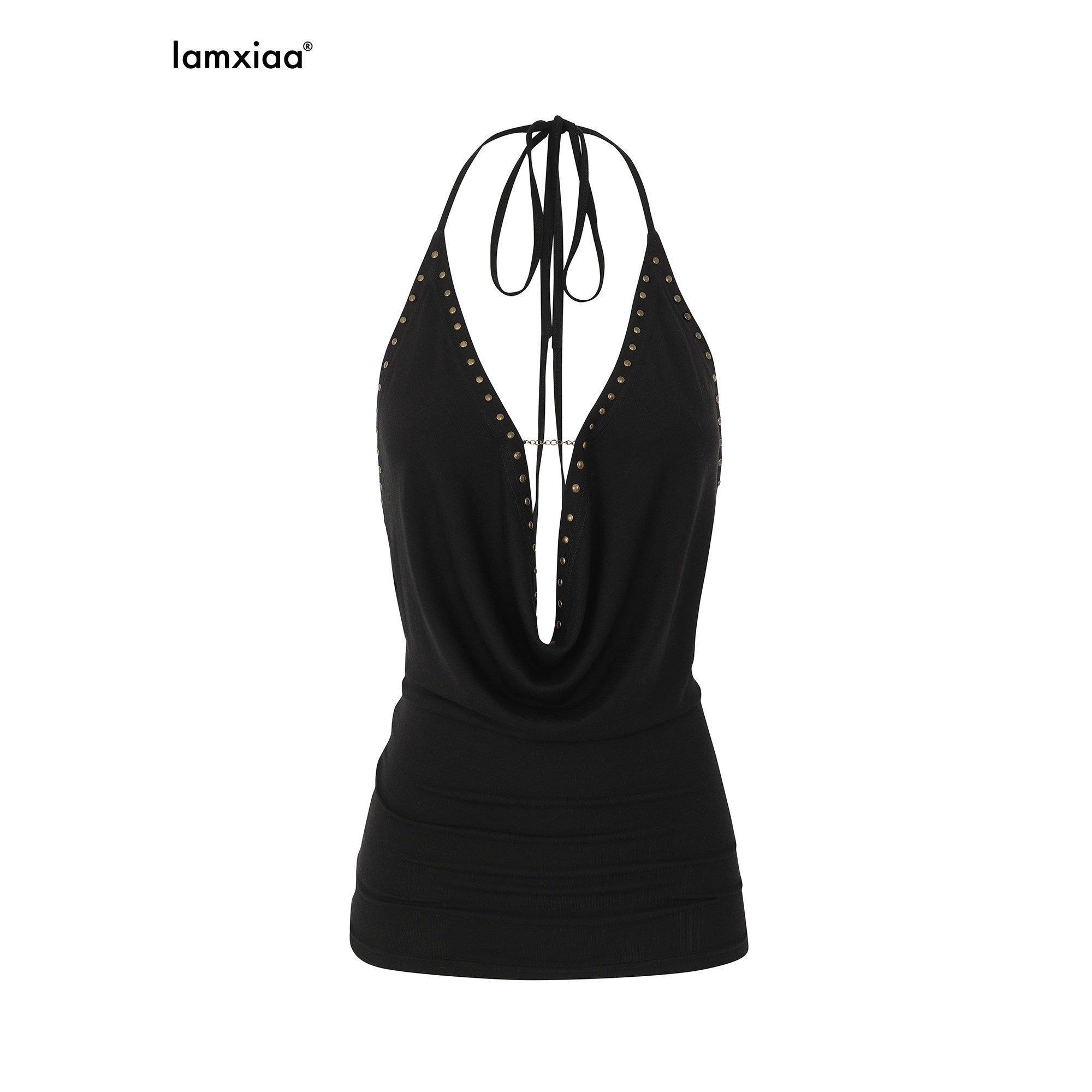 iamxiaa Studded Plunging Tie Halter Slimming Fitted Women's Camisoles 918081533327