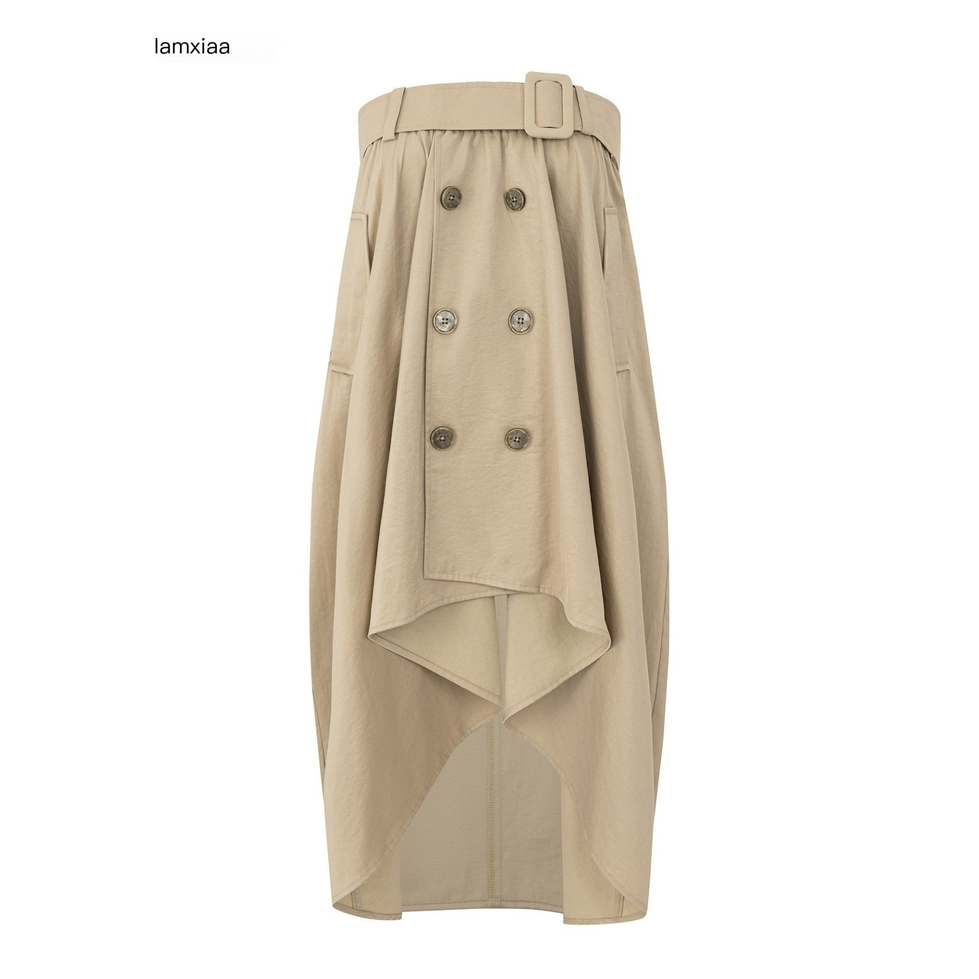 iamxiaa Subtle Sheen Double Button Self Belt Irregular Cocoon Women's Cotton Midi Skirts 1049407495644