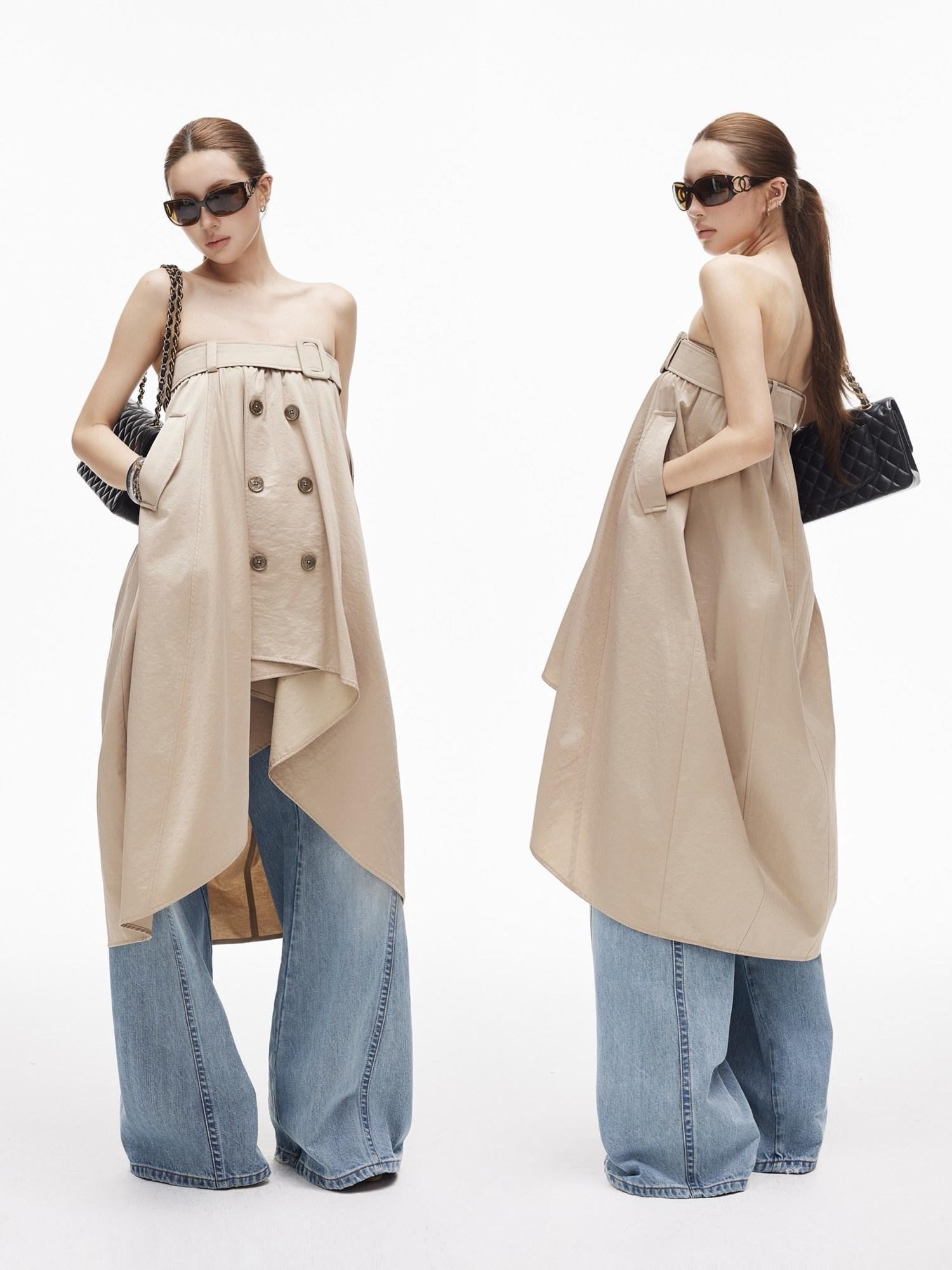 iamxiaa Subtle Sheen Double Button Self Belt Irregular Cocoon Women's Cotton Midi Skirts