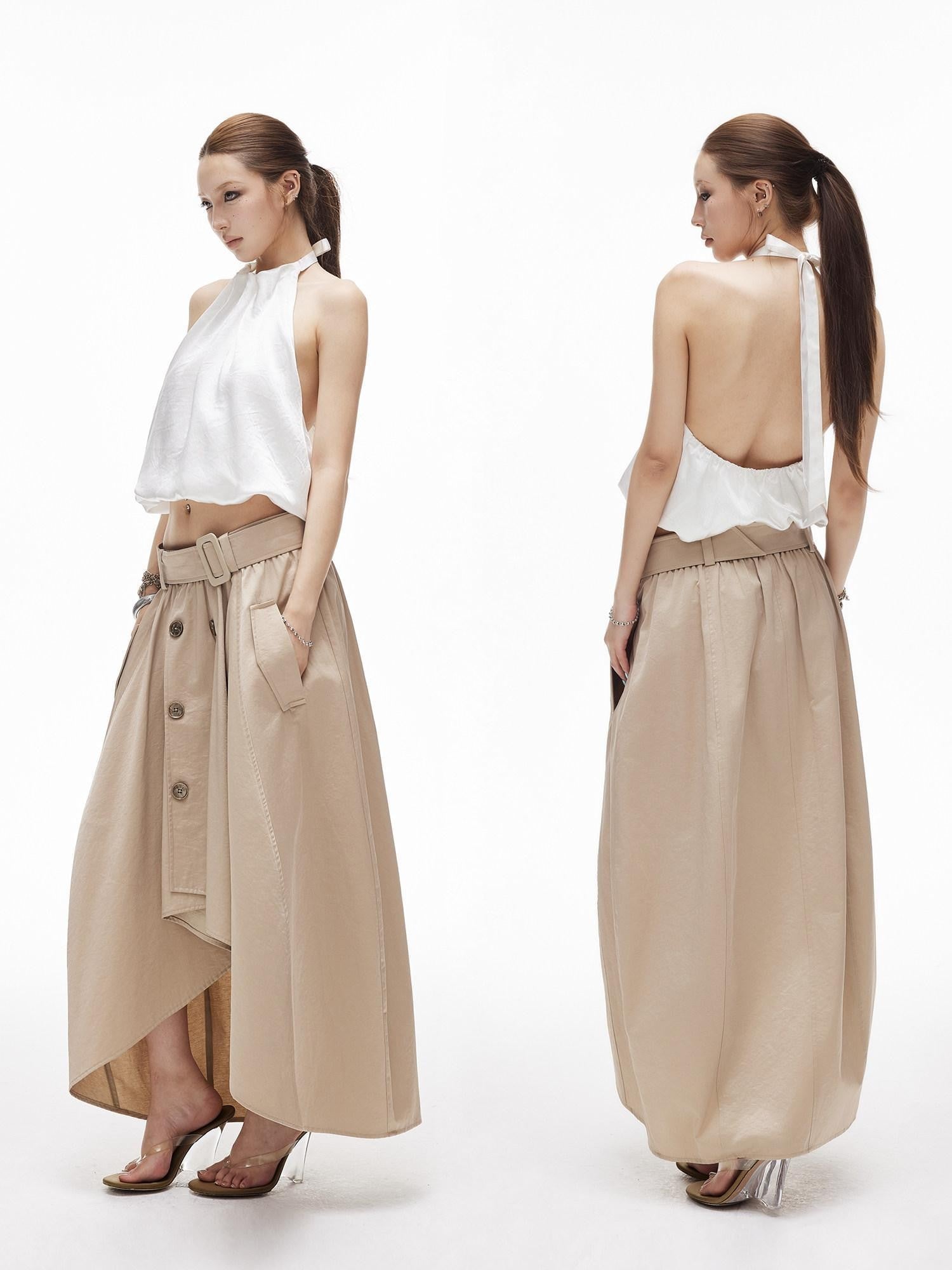 iamxiaa Subtle Sheen Double Button Self Belt Irregular Cocoon Women's Cotton Midi Skirts