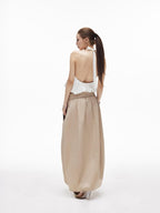 iamxiaa Subtle Sheen Double Button Self Belt Irregular Cocoon Women's Cotton Midi Skirts