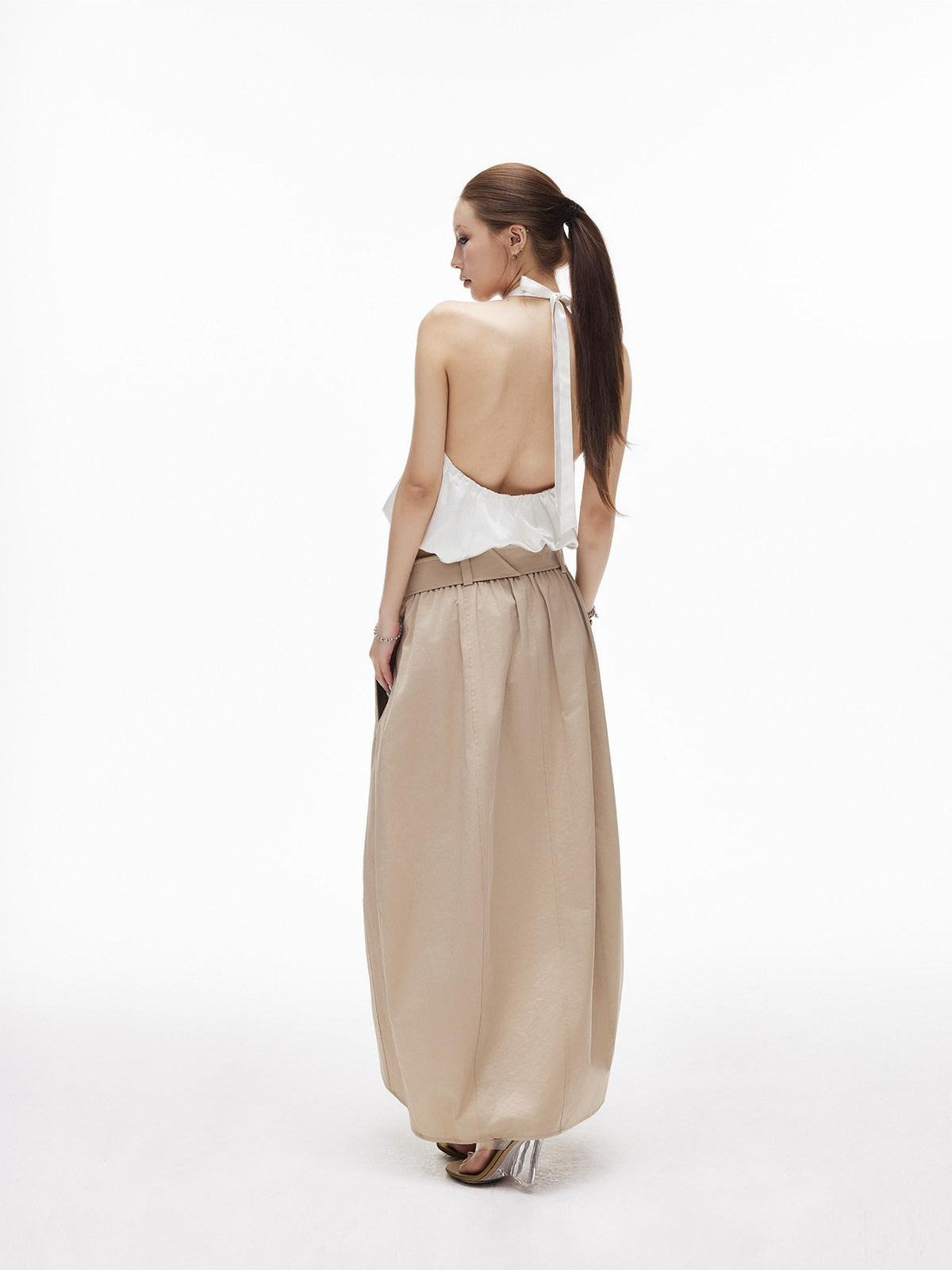 iamxiaa Subtle Sheen Double Button Self Belt Irregular Cocoon Women's Cotton Midi Skirts