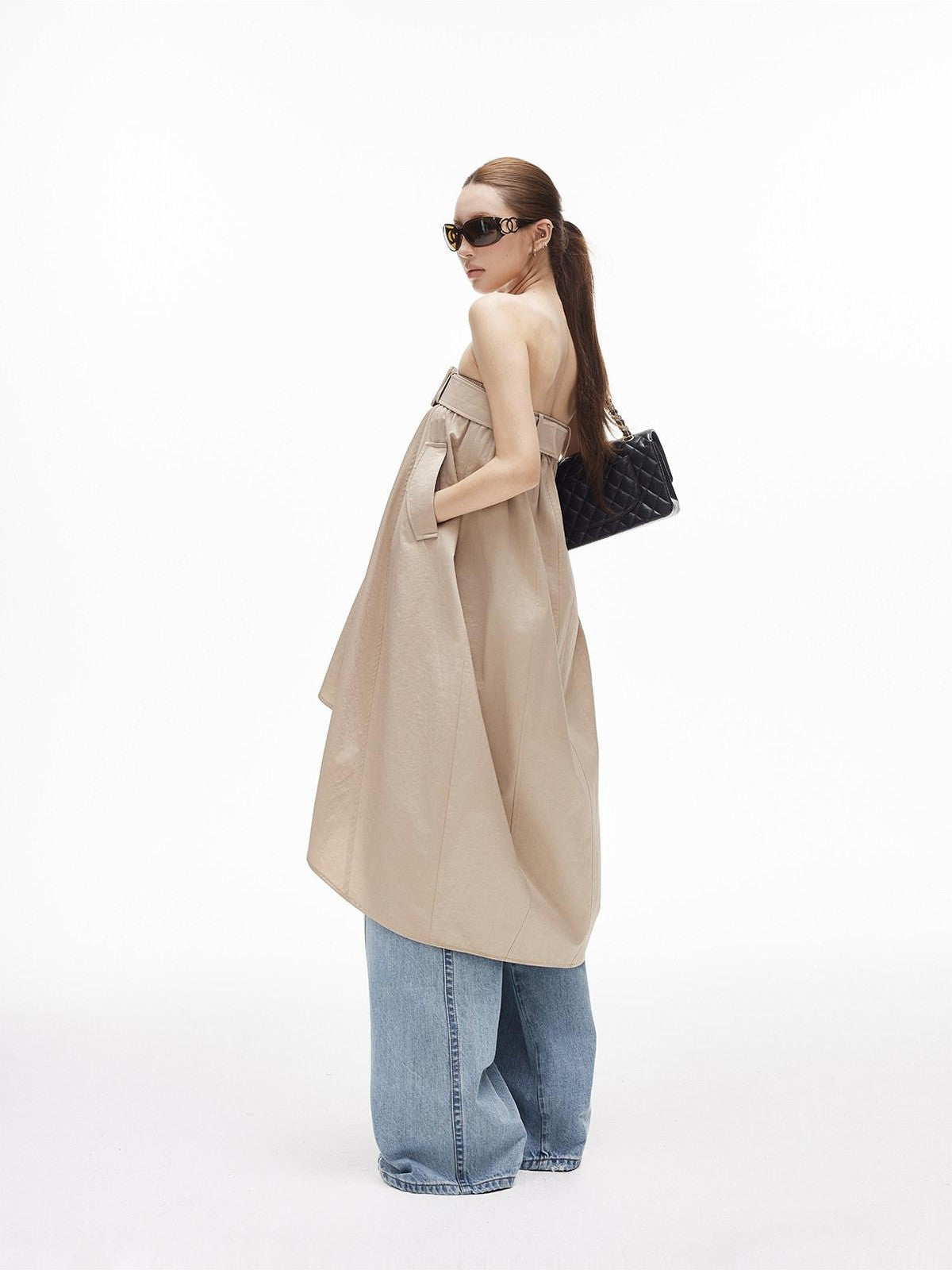 iamxiaa Subtle Sheen Double Button Self Belt Irregular Cocoon Women's Cotton Midi Skirts