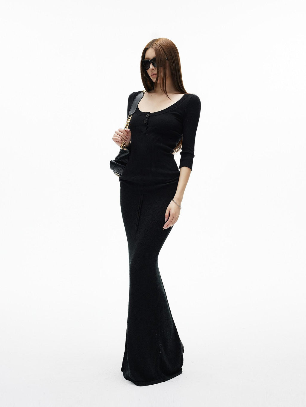 iamxiaa Textured Boucle Bodycon Back Slit Drawstring Drapey Women's Knit Maxi Skirts