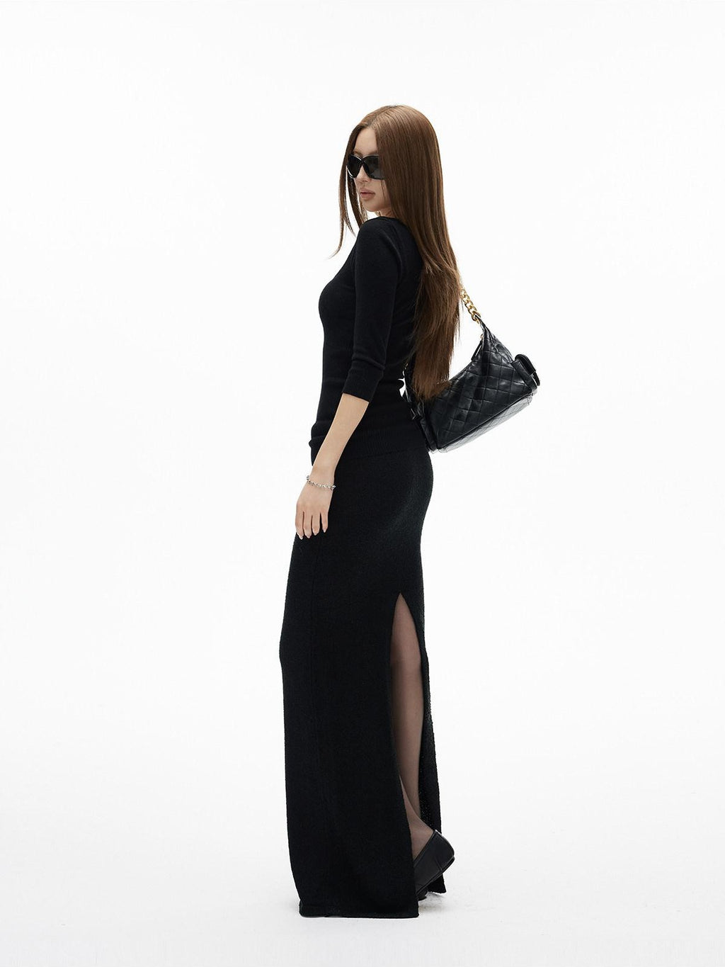 iamxiaa Textured Boucle Bodycon Back Slit Drawstring Drapey Women's Knit Maxi Skirts