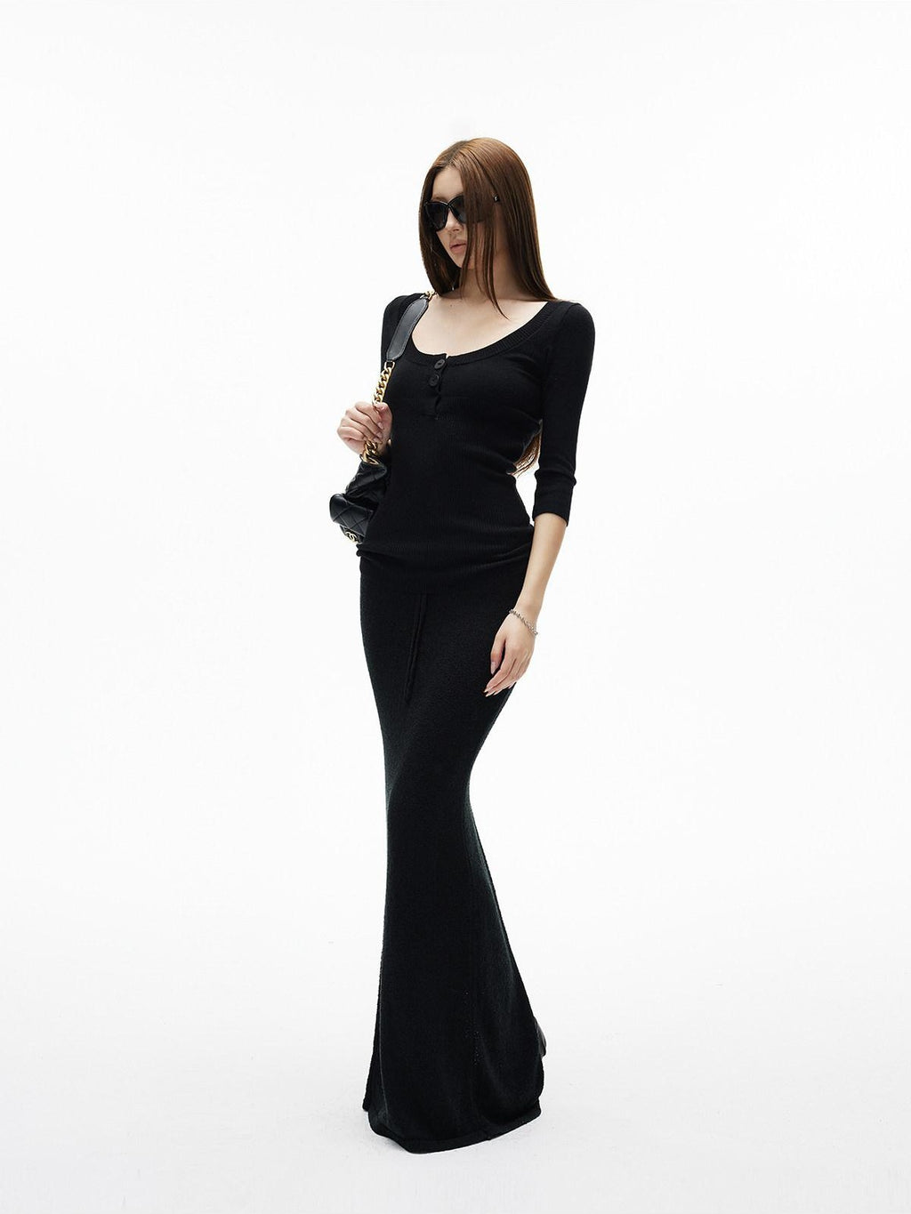 iamxiaa Textured Boucle Bodycon Back Slit Drawstring Drapey Women's Knit Maxi Skirts