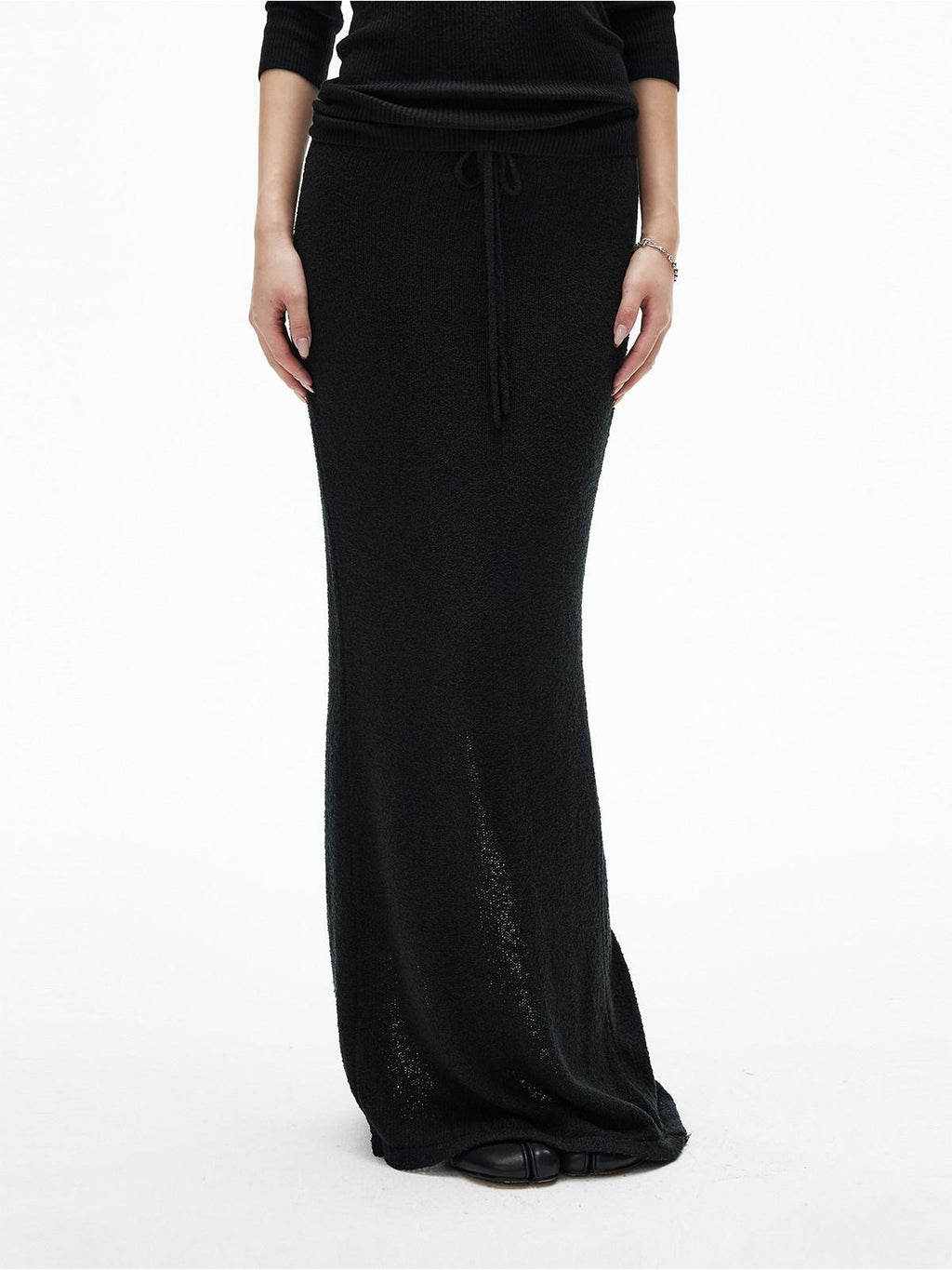iamxiaa Textured Boucle Bodycon Back Slit Drawstring Drapey Women's Knit Maxi Skirts