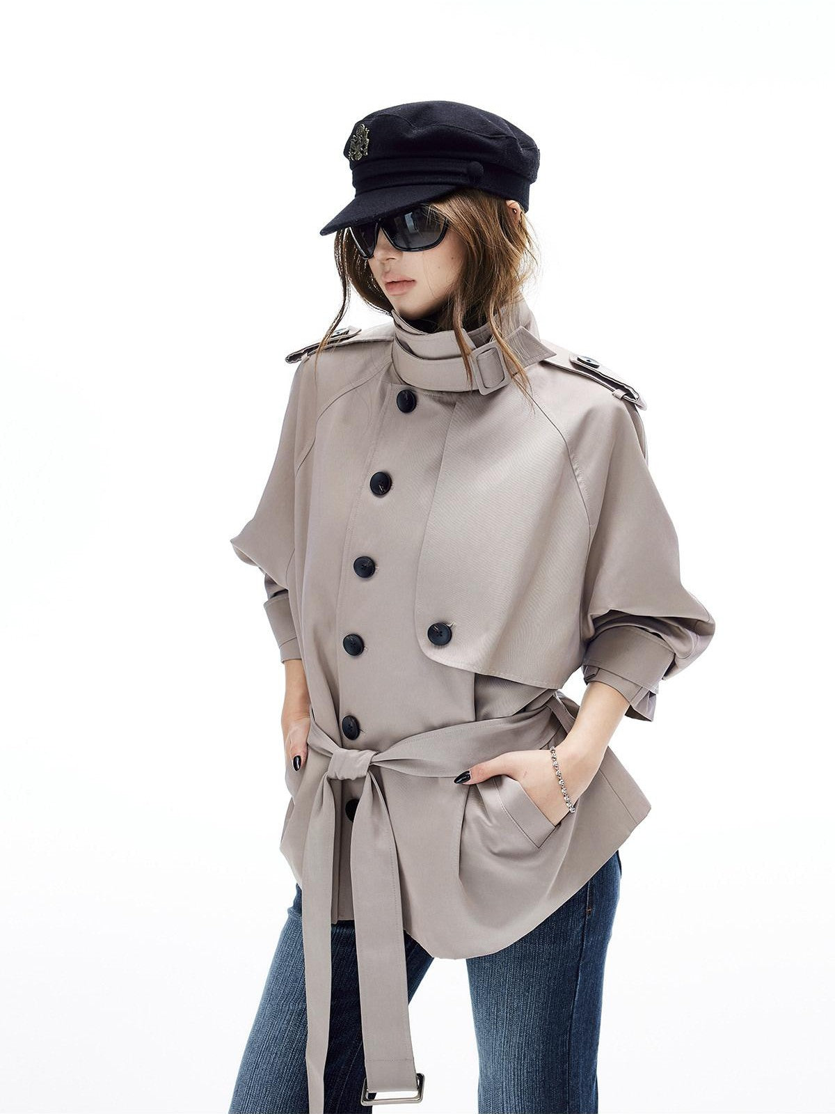 iamxiaa Twill Epaulet Button Cocoon H Silhouette Women's Cotton Trench Coats