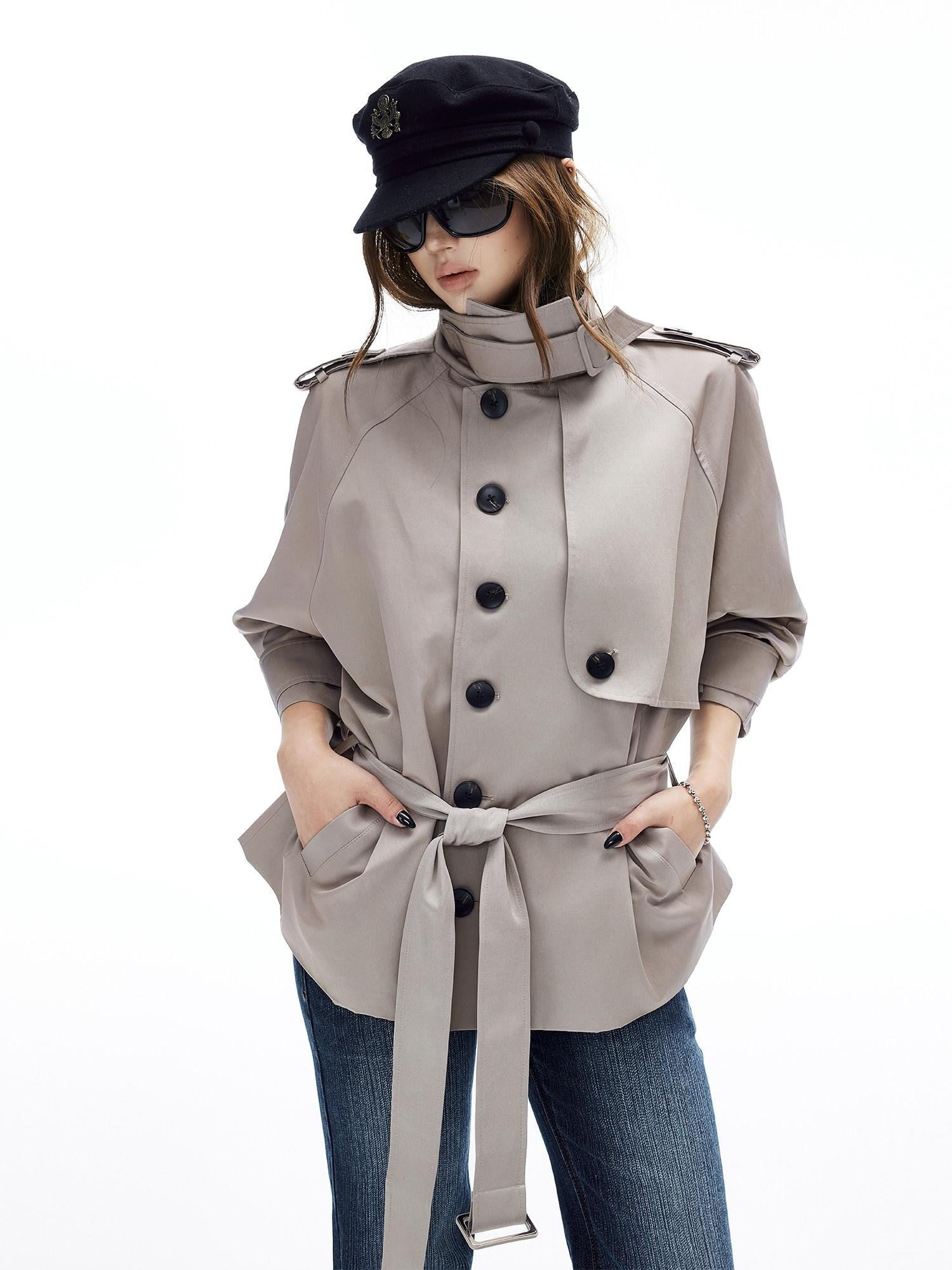 iamxiaa Twill Epaulet Button Cocoon H Silhouette Women's Cotton Trench Coats