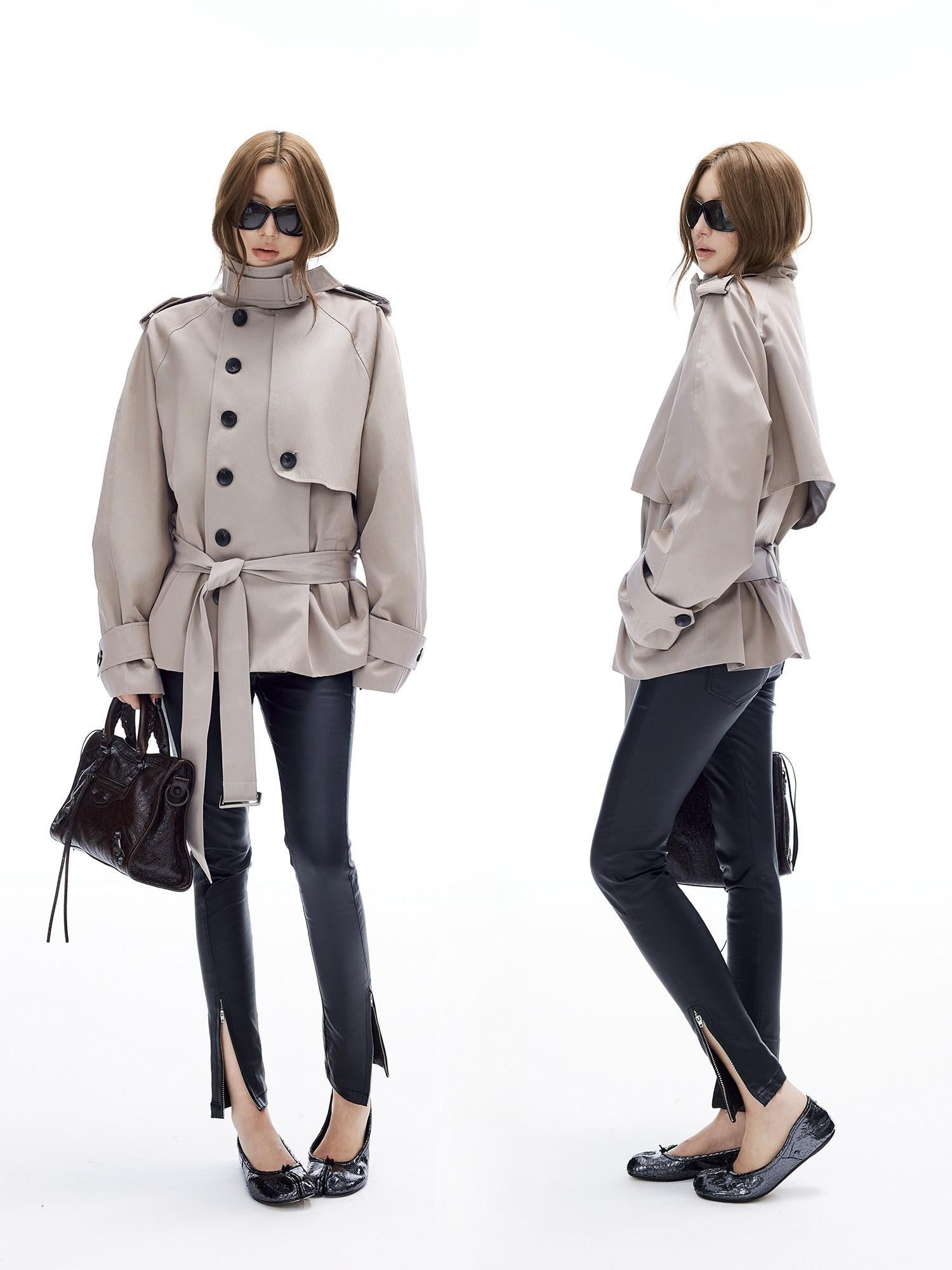 iamxiaa Twill Epaulet Button Cocoon H Silhouette Women's Cotton Trench Coats