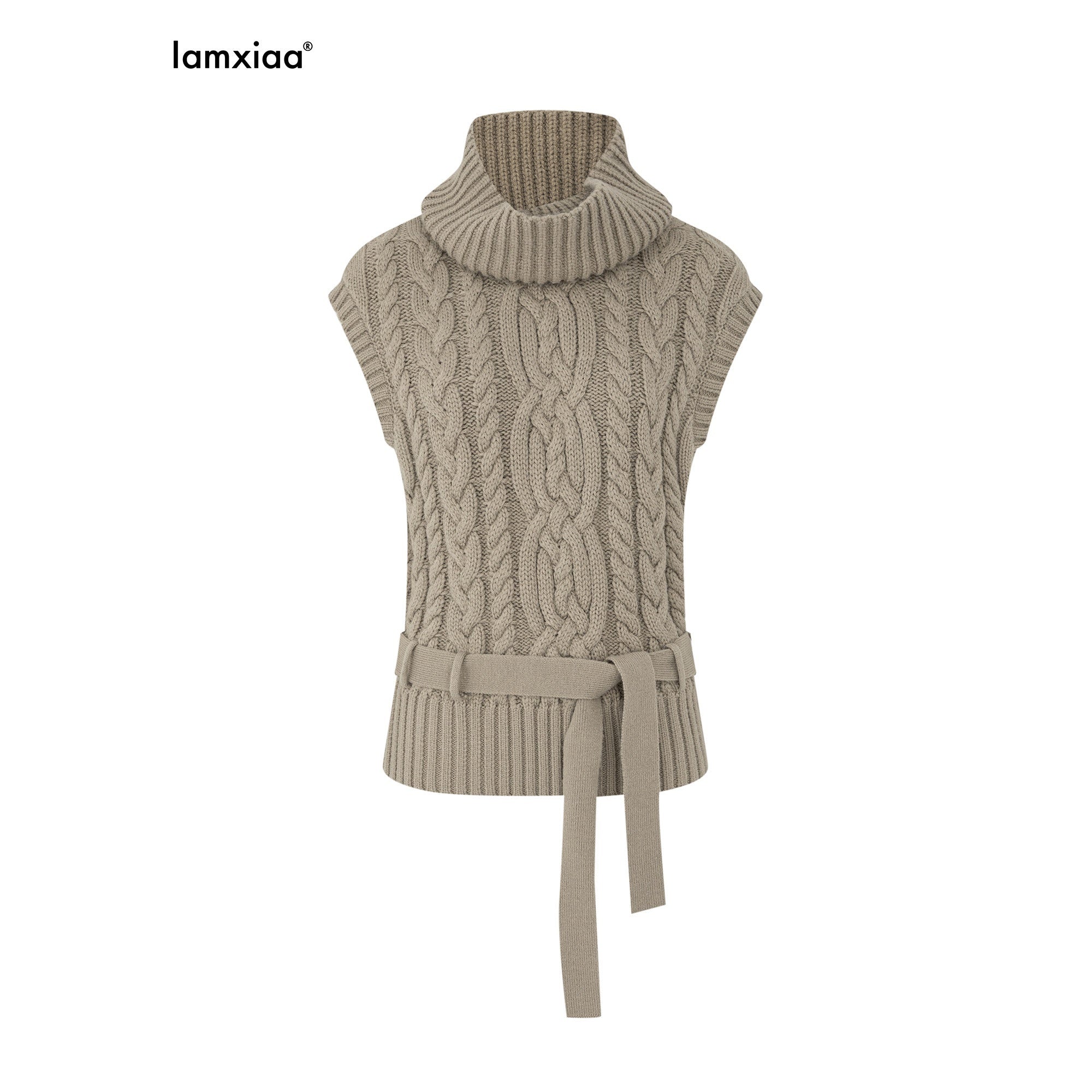 iamxiaa Two Tone 3d Cable High Neck Small Cap Sleeve Belted Women's Chunky Knit Sweaters 978388041176