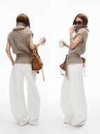 iamxiaa Two Tone 3d Cable High Neck Small Cap Sleeve Belted Women's Chunky Knit Sweaters