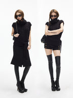 iamxiaa Two Tone 3d Cable High Neck Small Cap Sleeve Belted Women's Chunky Knit Sweaters