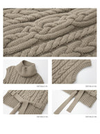 iamxiaa Two Tone 3d Cable High Neck Small Cap Sleeve Belted Women's Chunky Knit Sweaters