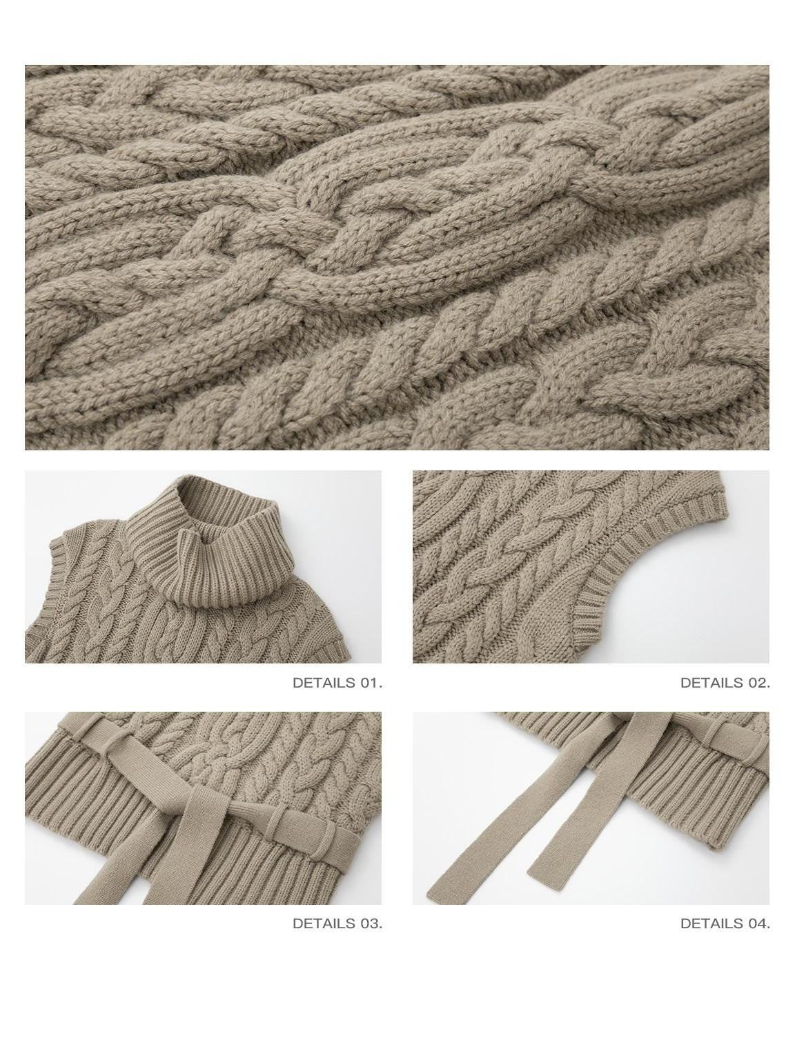 iamxiaa Two Tone 3d Cable High Neck Small Cap Sleeve Belted Women's Chunky Knit Sweaters