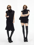 iamxiaa Two Tone 3d Cable High Neck Small Cap Sleeve Belted Women's Chunky Knit Sweaters