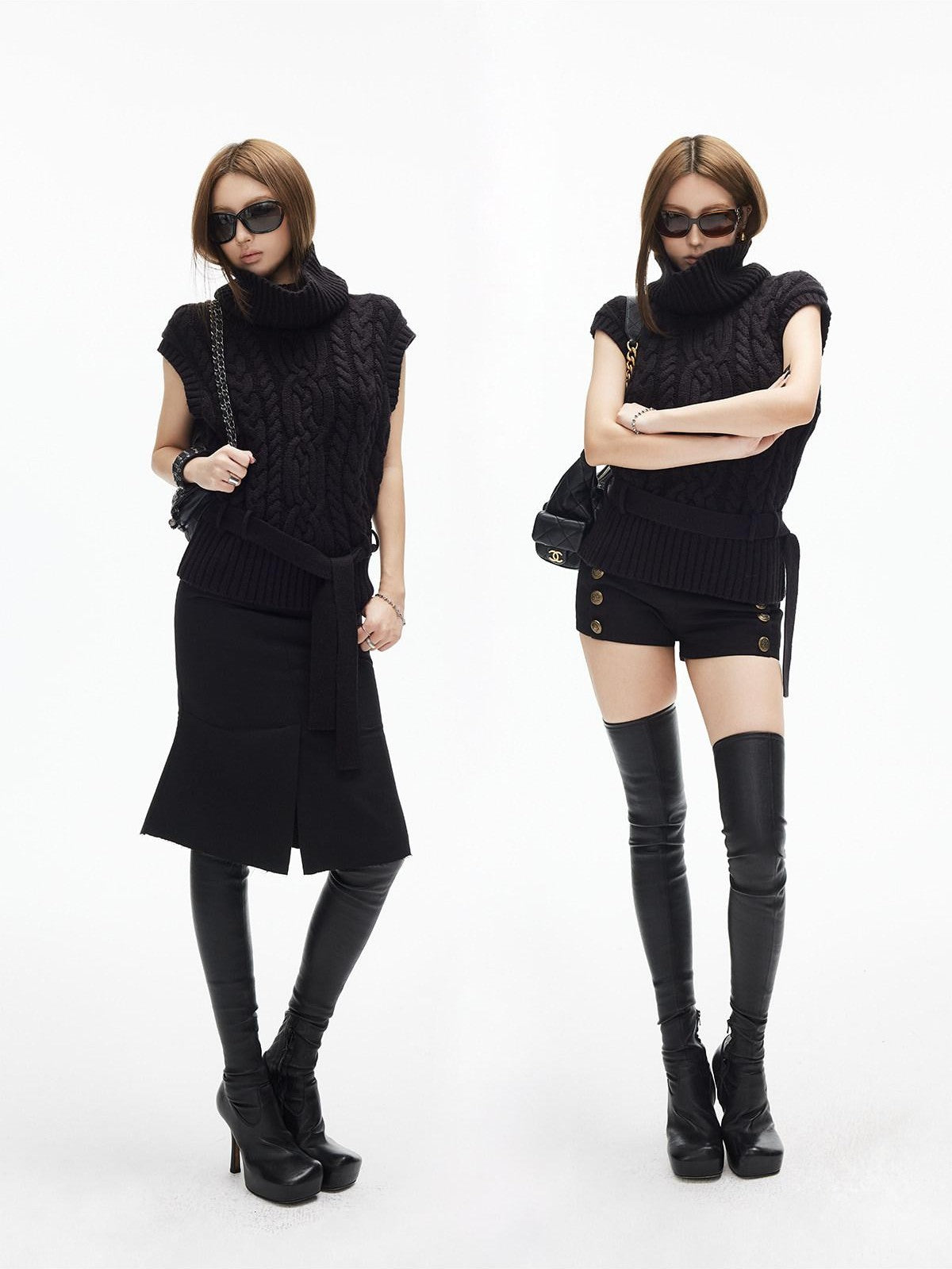 iamxiaa Two Tone 3d Cable High Neck Small Cap Sleeve Belted Women's Chunky Knit Sweaters