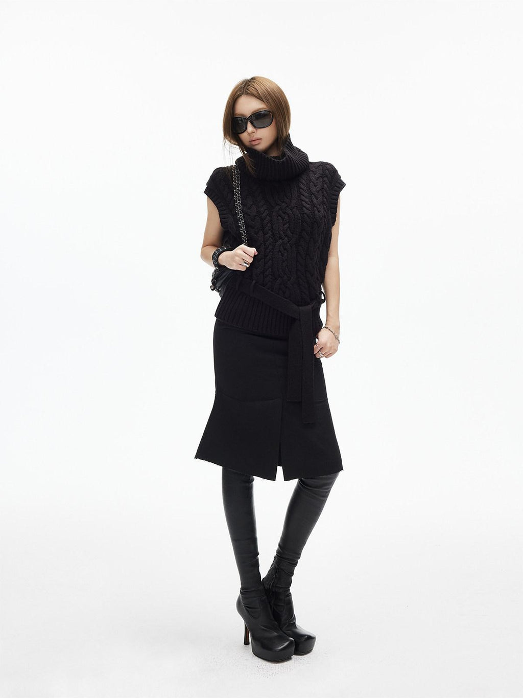 iamxiaa Two Tone 3d Cable High Neck Small Cap Sleeve Belted Women's Chunky Knit Sweaters