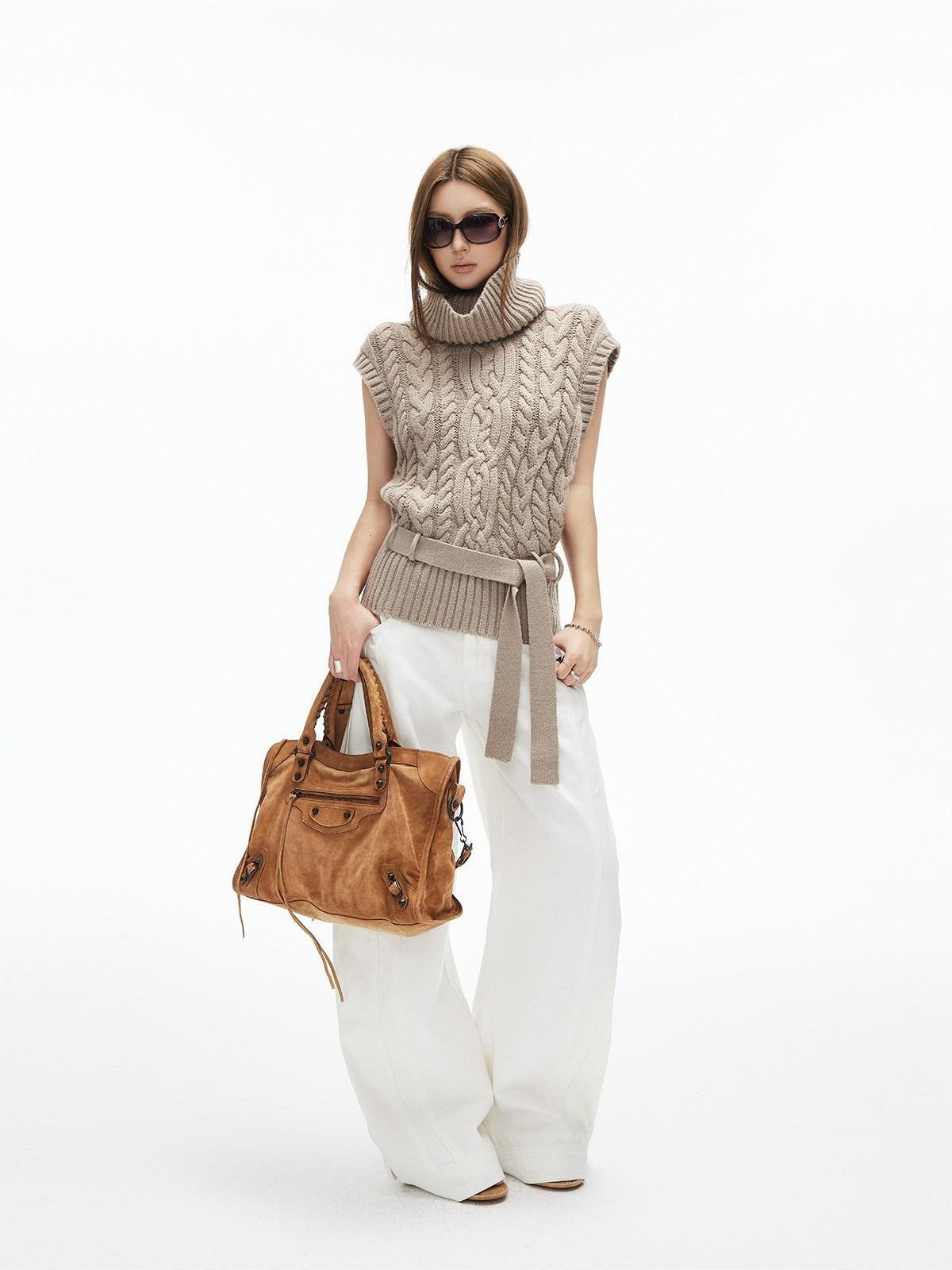 iamxiaa Two Tone 3d Cable High Neck Small Cap Sleeve Belted Women's Chunky Knit Sweaters