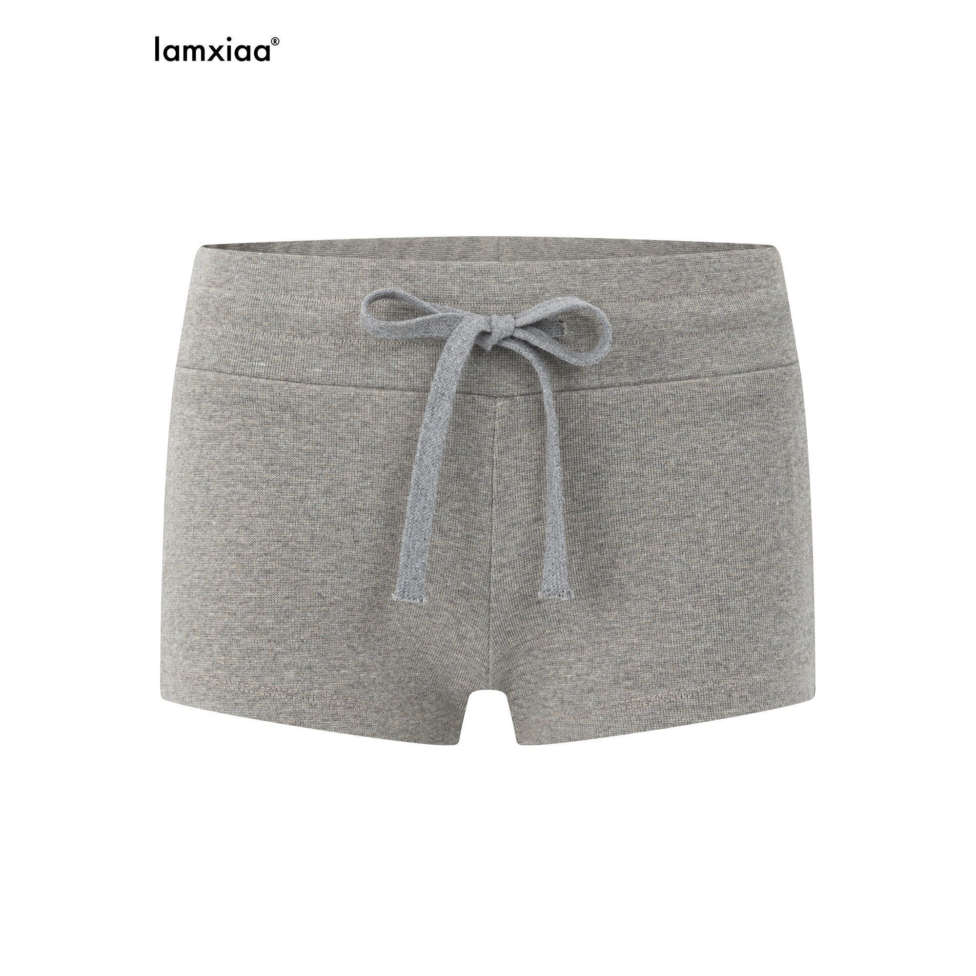 iamxiaa Two Tone Cross Ribbed Vintage Low Waist Drawstring Slim Women's Short Trousers 1032053381341