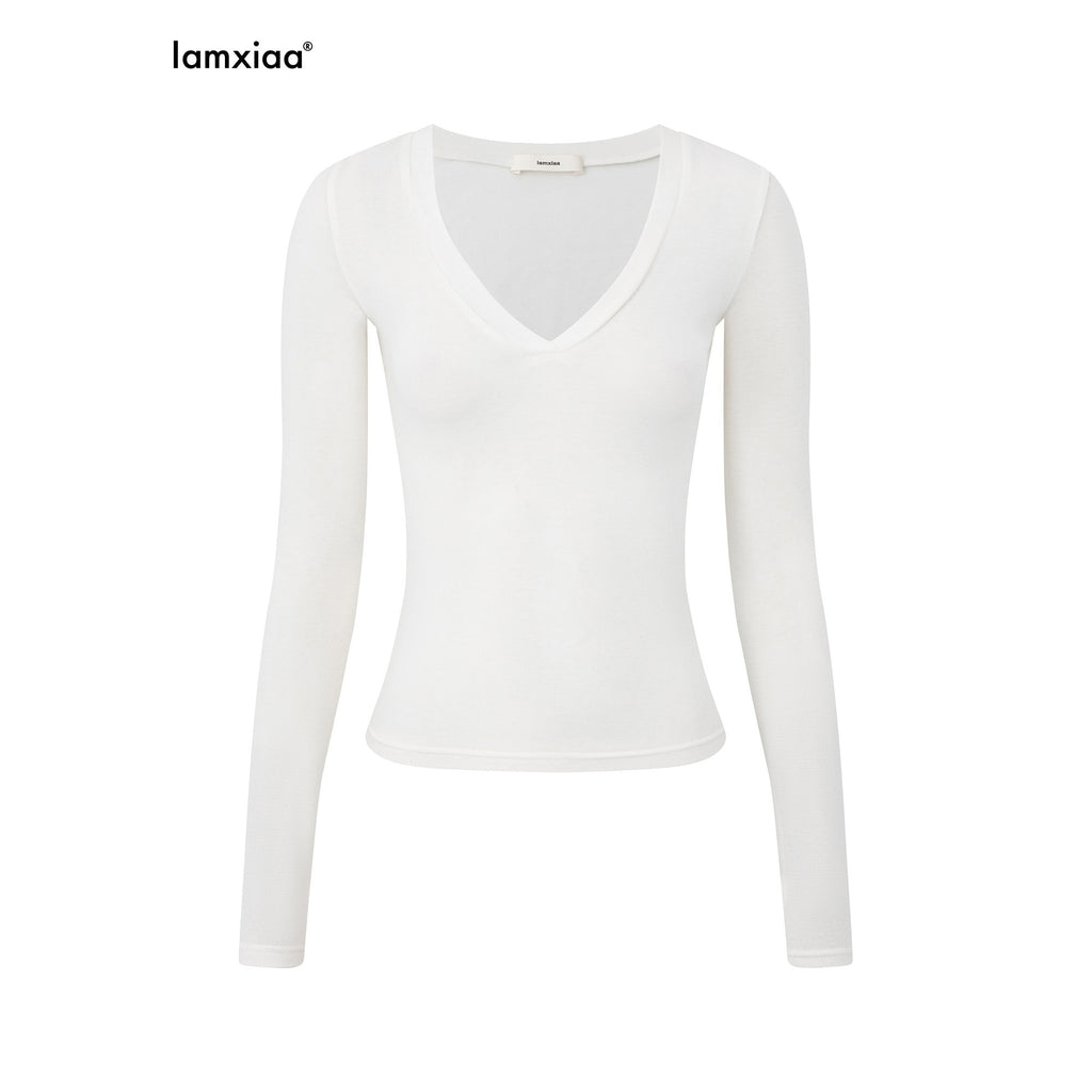 iamxiaa Two Tone Deep V Thumbhole Slim Women's Tencel Wool Knit Long Sleeve T-shirts 988675353200