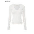 iamxiaa Two Tone Deep V Thumbhole Slim Women's Tencel Wool Knit Long Sleeve T-shirts 988675353200