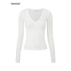 iamxiaa Two Tone Deep V Thumbhole Slim Women's Tencel Wool Knit Long Sleeve T-shirts 988675353200