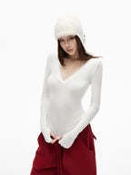 iamxiaa Two Tone Deep V Thumbhole Slim Women's Tencel Wool Knit Long Sleeve T-shirts