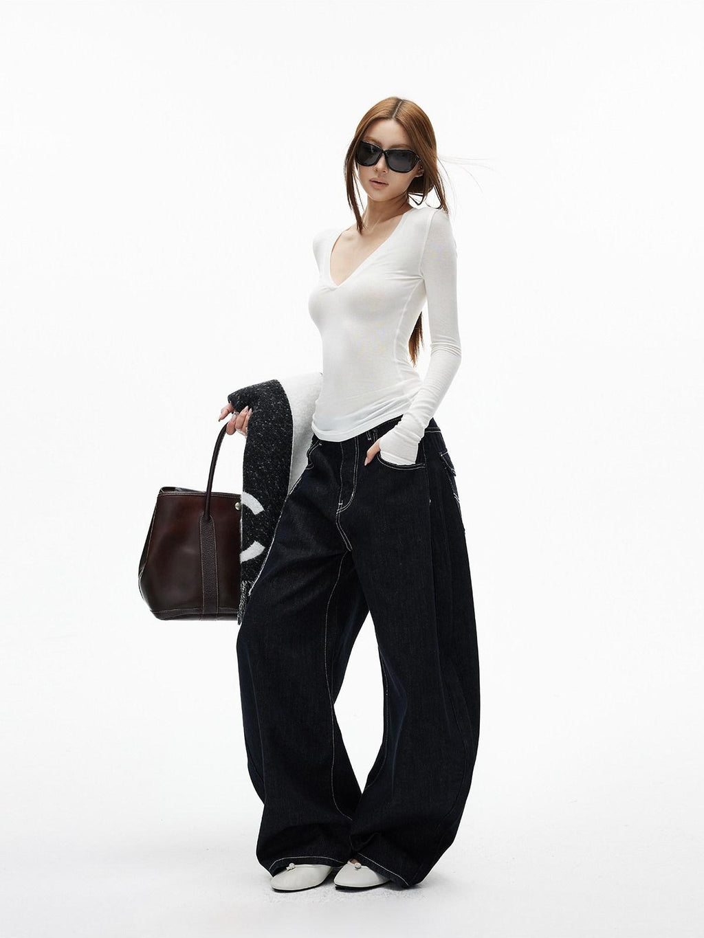 iamxiaa Two Tone Deep V Thumbhole Slim Women's Tencel Wool Knit Long Sleeve T-shirts