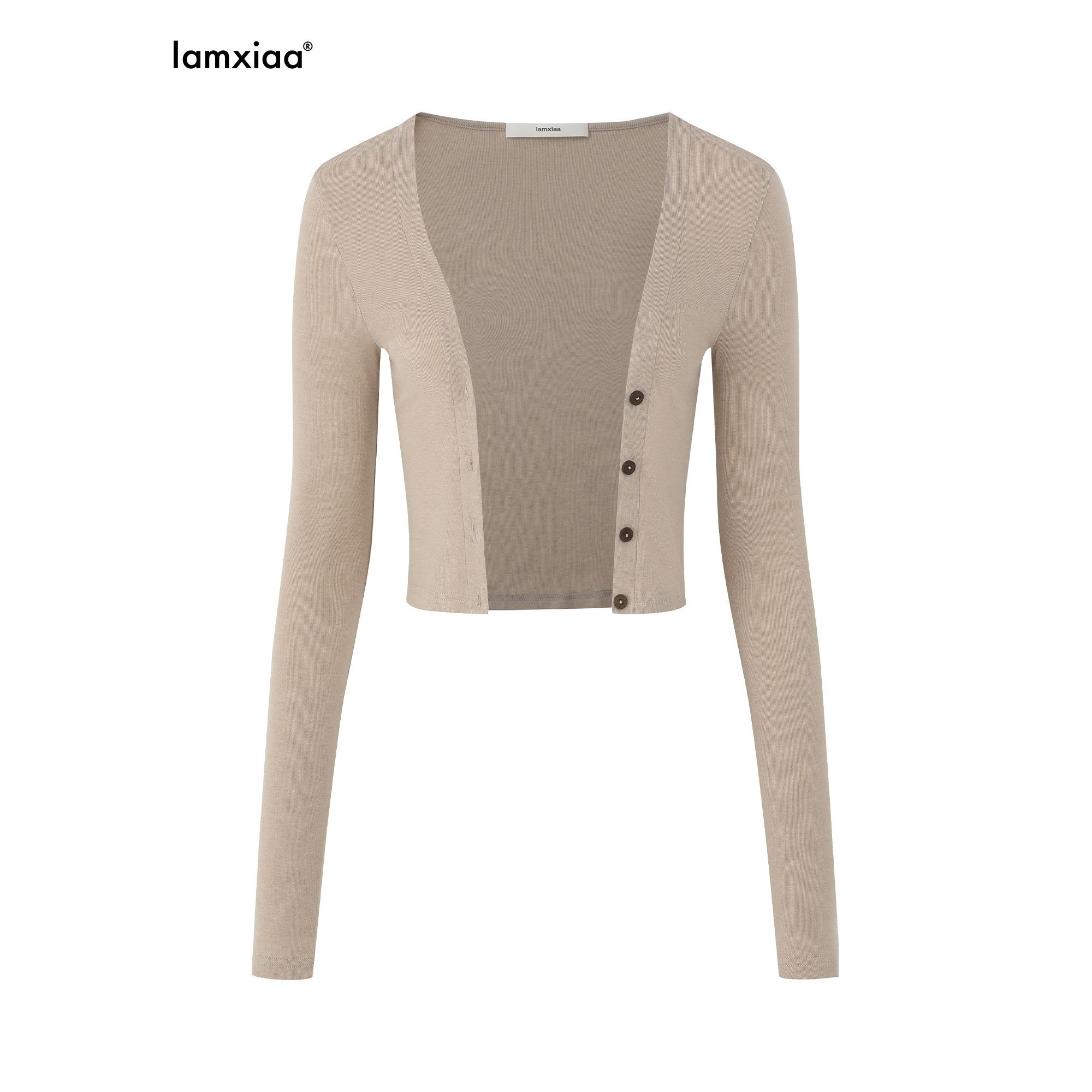 iamxiaa Two Tone Knitted Thumbhole Bone Buttons Women's Tencel Wool Long Sleeve T-shirts 893142258202