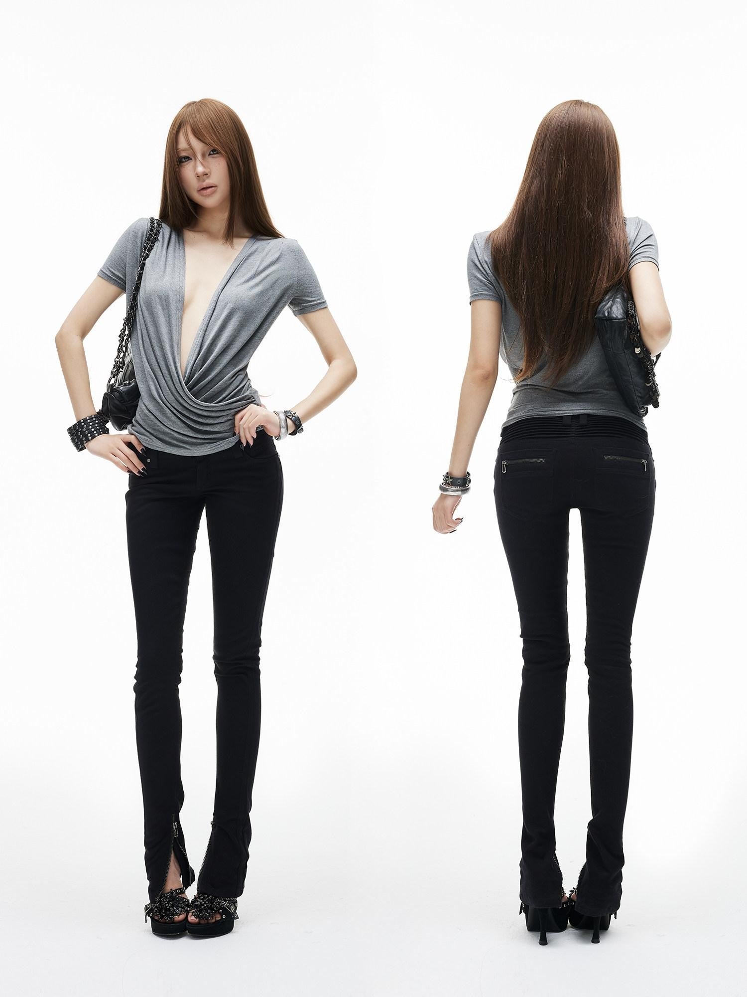 iamxiaa Two Tone Low Rise Back Pleat Zipper Ankle Women's Stretch Cotton Skinny Pants