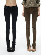 iamxiaa Two Tone Low Rise Back Pleat Zipper Ankle Women's Stretch Cotton Skinny Pants