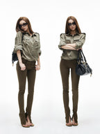 iamxiaa Two Tone Low Rise Back Pleat Zipper Ankle Women's Stretch Cotton Skinny Pants