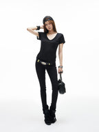 iamxiaa Two Tone Low Rise Back Pleat Zipper Ankle Women's Stretch Cotton Skinny Pants