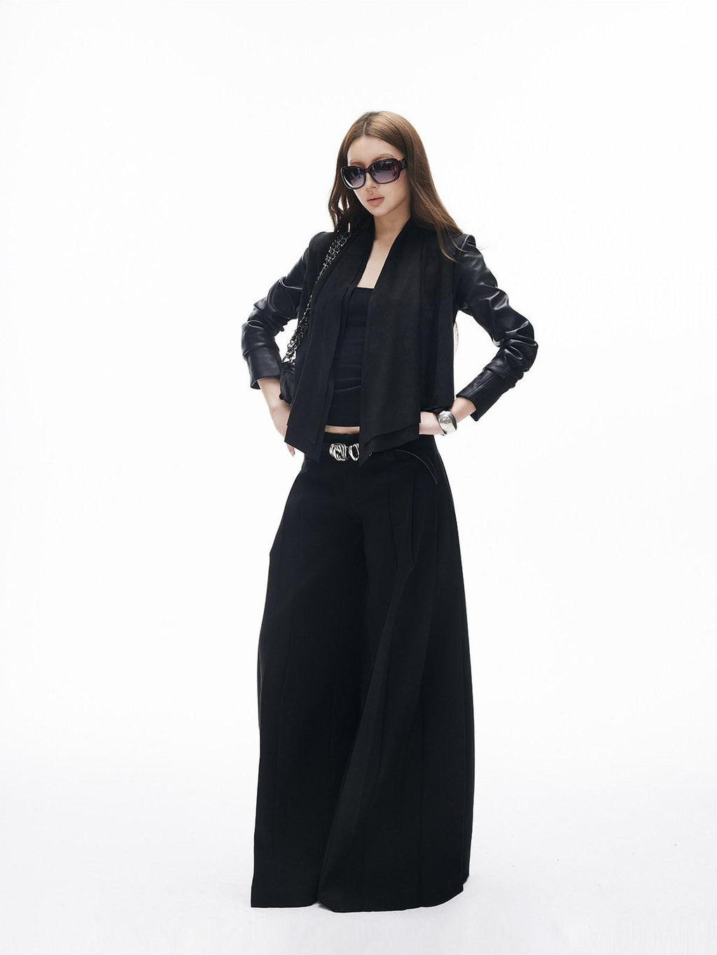 iamxiaa Two Tone Pressed Pleats Drapey No Waistband Low Rise Women's Wide-leg Pants