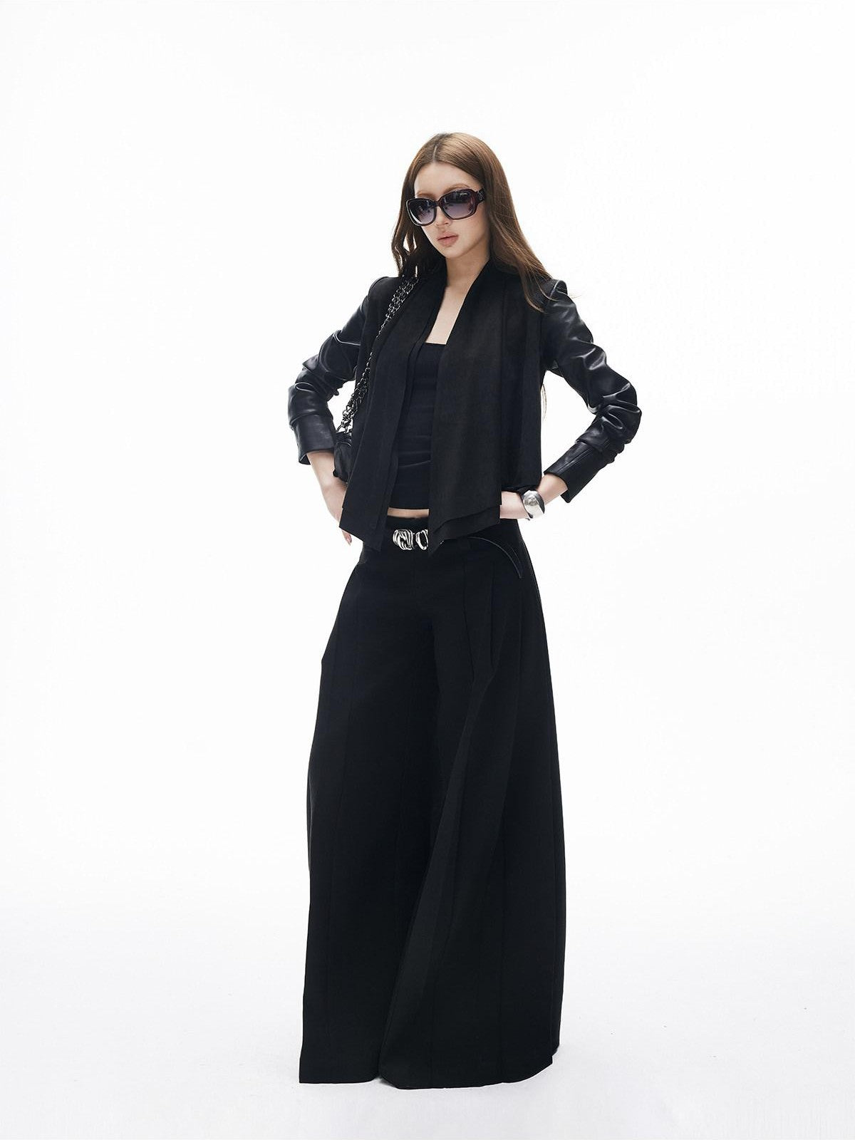 iamxiaa Two Tone Pressed Pleats Drapey No Waistband Low Rise Women's Wide-leg Pants