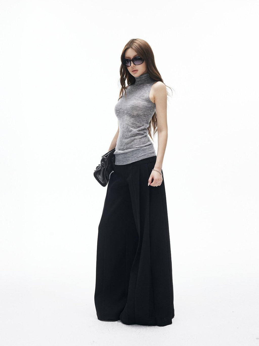iamxiaa Two Tone Pressed Pleats Drapey No Waistband Low Rise Women's Wide-leg Pants