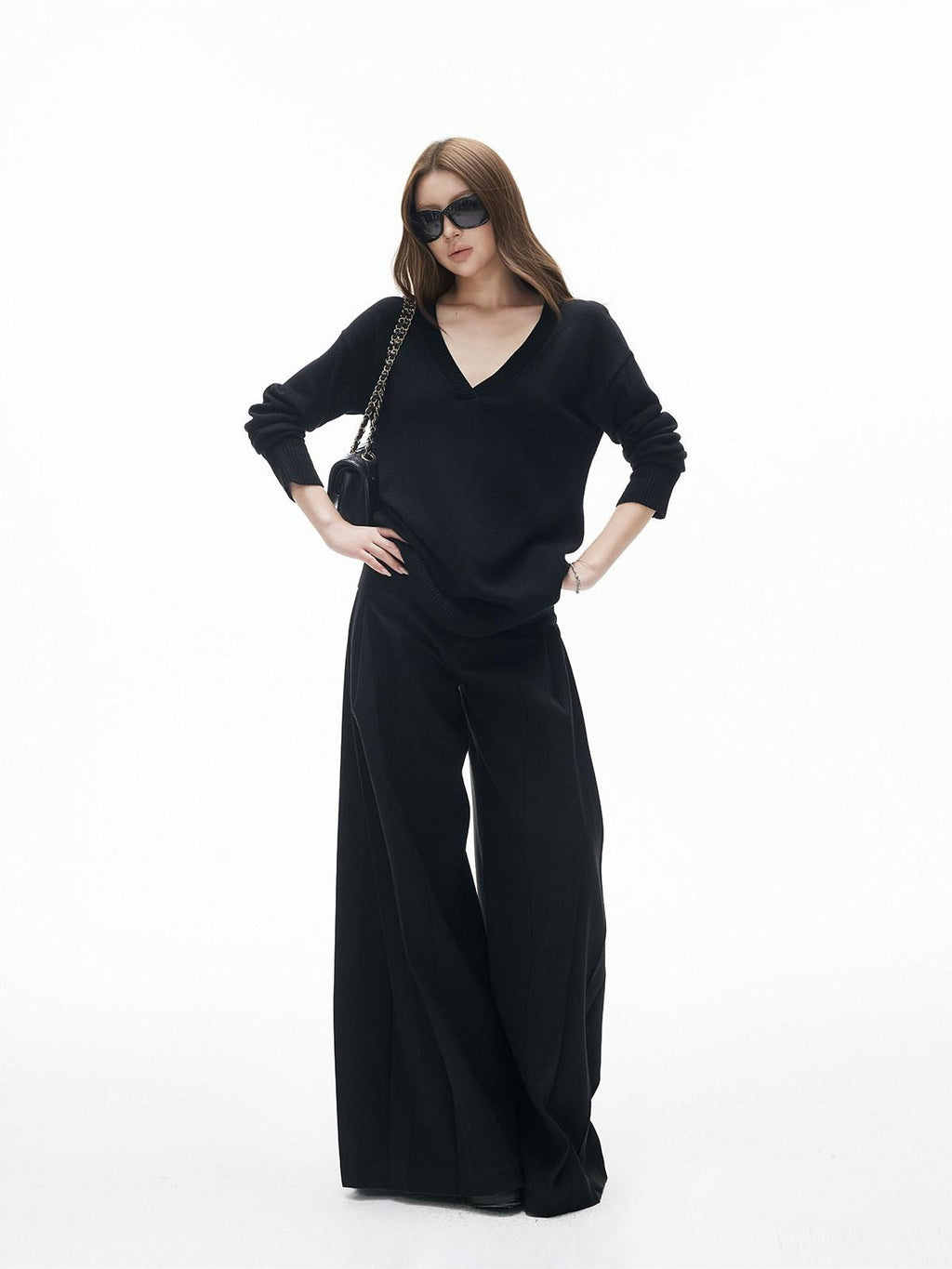 iamxiaa Two Tone Pressed Pleats Drapey No Waistband Low Rise Women's Wide-leg Pants