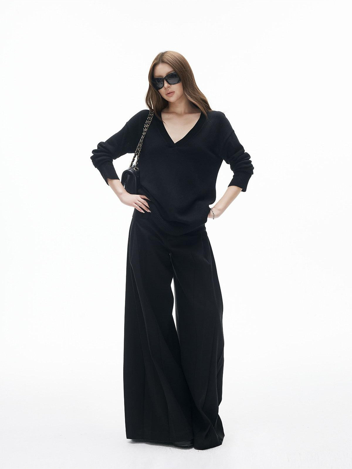 iamxiaa Two Tone Pressed Pleats Drapey No Waistband Low Rise Women's Wide-leg Pants