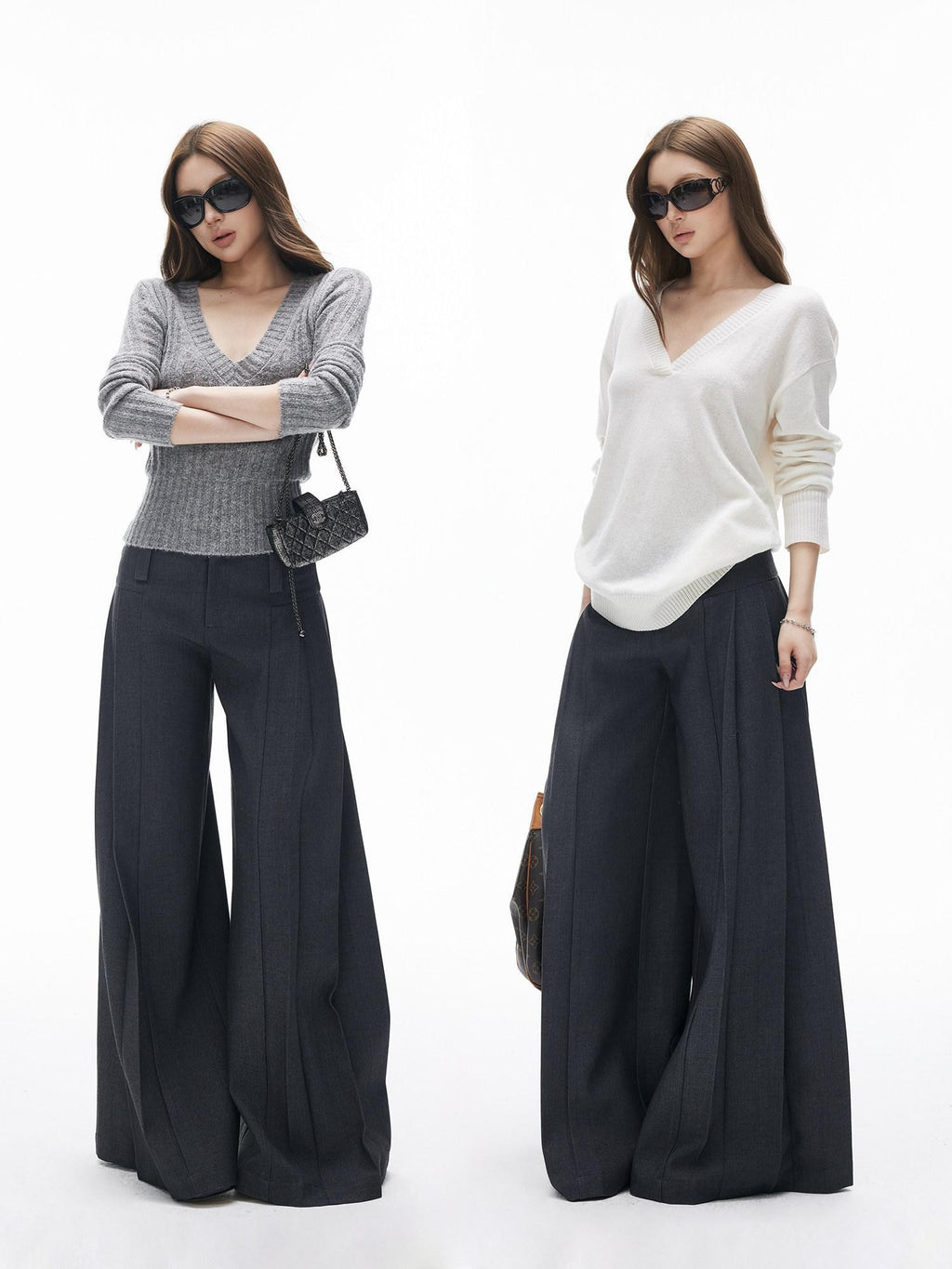 iamxiaa Two Tone Pressed Pleats Drapey No Waistband Low Rise Women's Wide-leg Pants