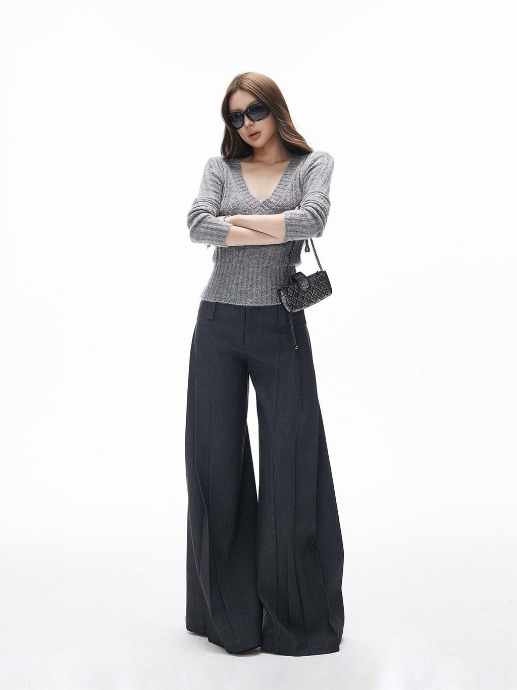 iamxiaa Two Tone Pressed Pleats Drapey No Waistband Low Rise Women's Wide-leg Pants