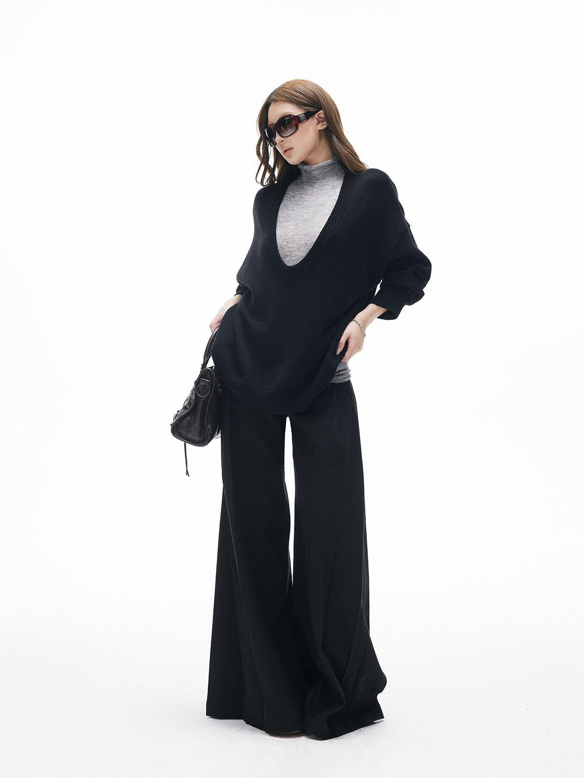 iamxiaa Two Tone Pressed Pleats Drapey No Waistband Low Rise Women's Wide-leg Pants