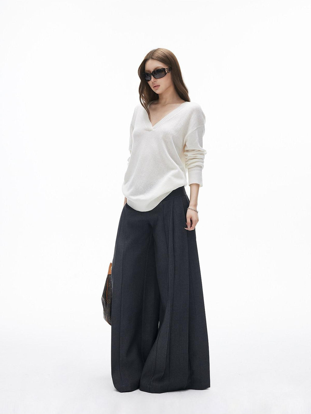iamxiaa Two Tone Pressed Pleats Drapey No Waistband Low Rise Women's Wide-leg Pants