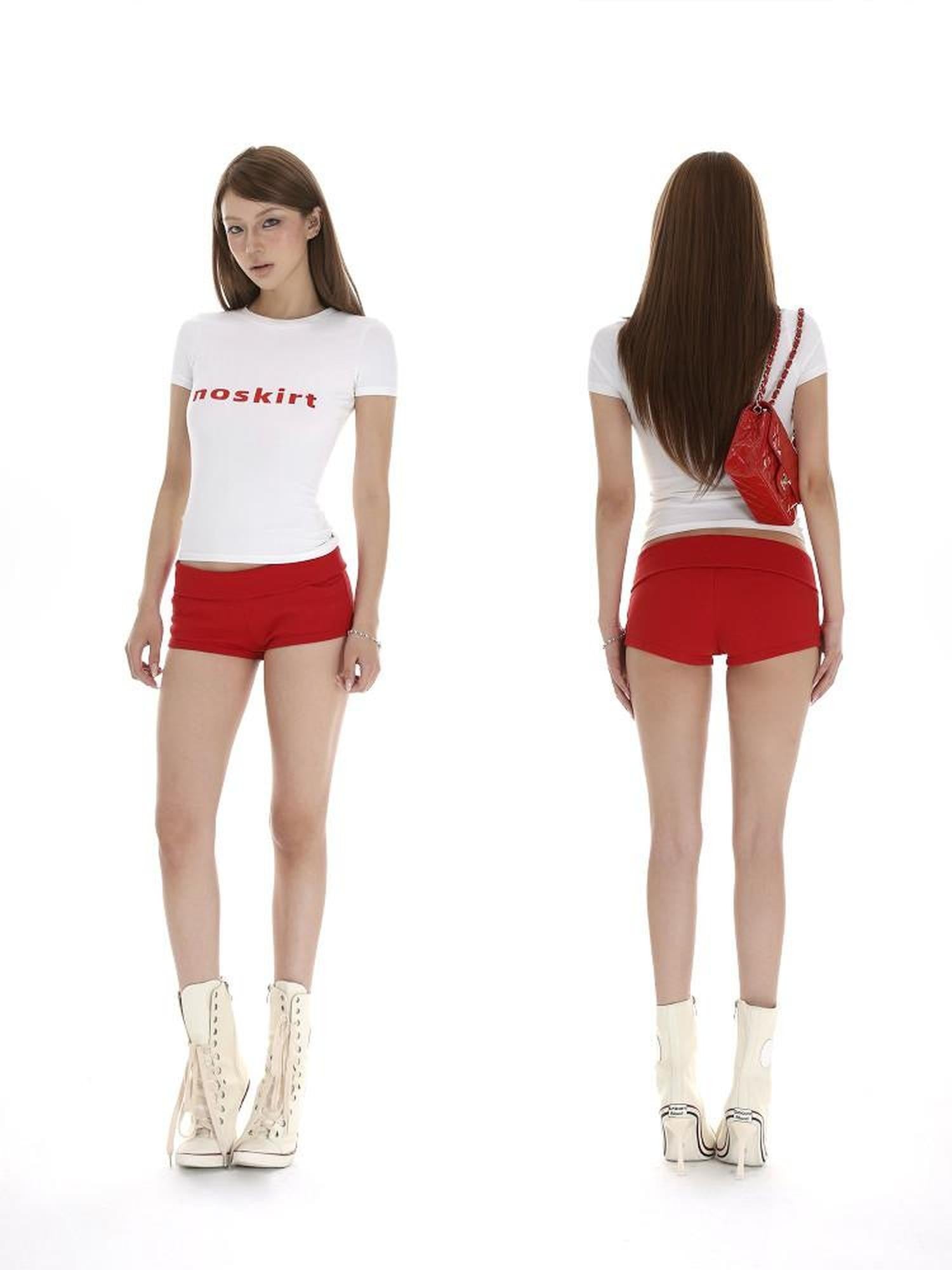 iamxiaa Two Tone Ribbed Panel Fold Over Cuff Slim Hip Hugging Women's Short Trousers