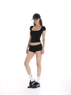 iamxiaa Two Tone Ribbed Panel Fold Over Cuff Slim Hip Hugging Women's Short Trousers