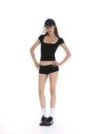 iamxiaa Two Tone Ribbed Panel Fold Over Cuff Slim Hip Hugging Women's Short Trousers