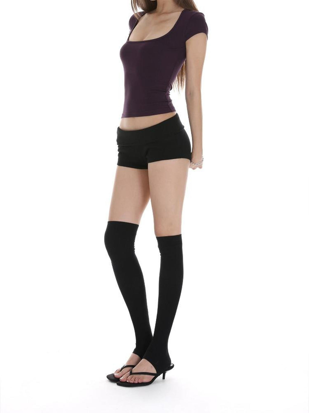 iamxiaa Two Tone Ribbed Panel Fold Over Cuff Slim Hip Hugging Women's Short Trousers
