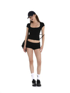 iamxiaa Two Tone Ribbed Panel Fold Over Cuff Slim Hip Hugging Women's Short Trousers